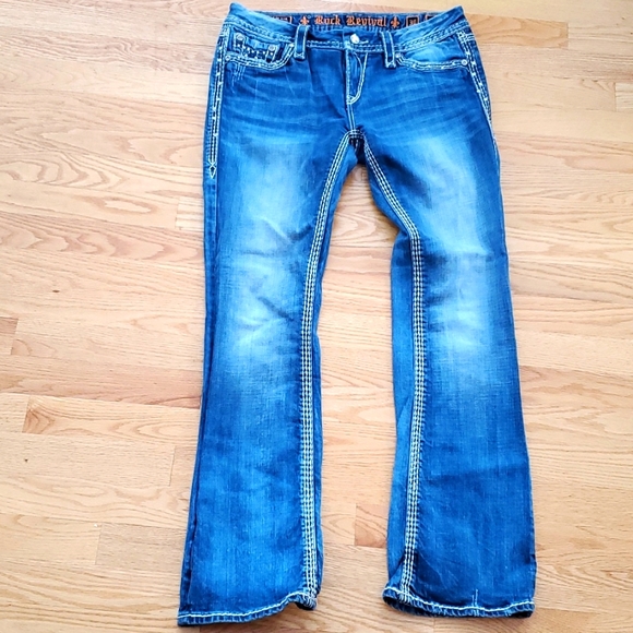 Rock Revival Kai boot cut jeans flap pockets bling crystals 30x31.5 prof hem #11 - Picture 4 of 9